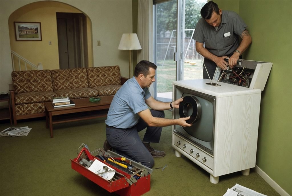 Two technicians aligning a color television; the man in front turns a large ring magnet an inch or two off the screen.