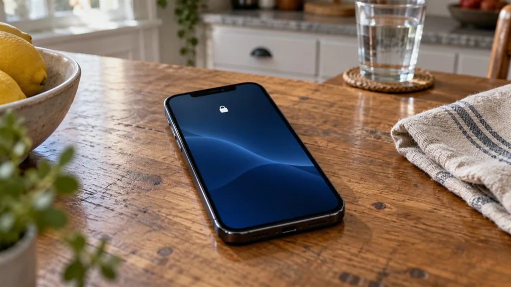A phone on a wooden table shows its lock screen, with a small padlock at the top.