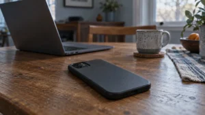 A smartphone lies face down on a wooden kitchen table beside a coffee mug, with an open laptop behind it.
