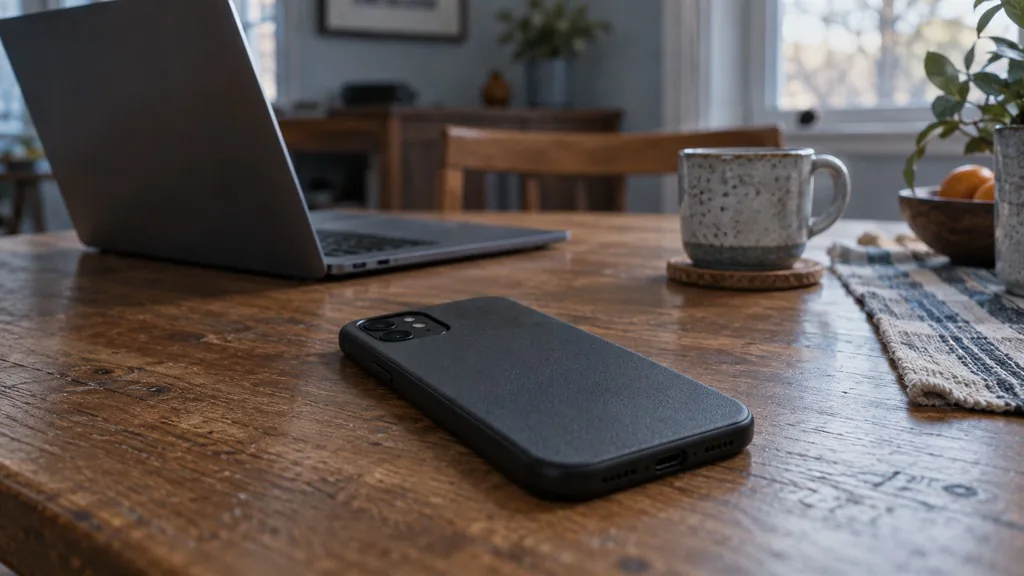 A smartphone lies face down on a wooden kitchen table beside a coffee mug, with an open laptop behind it.