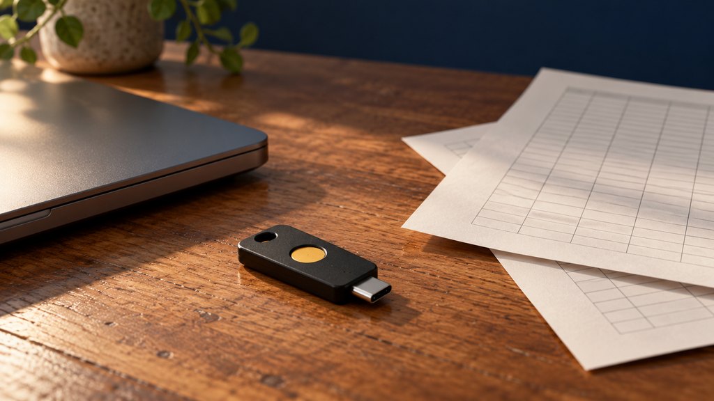 A small black hardware security key on a wooden desk, beside printed sheets of a password spreadsheet and a closed laptop