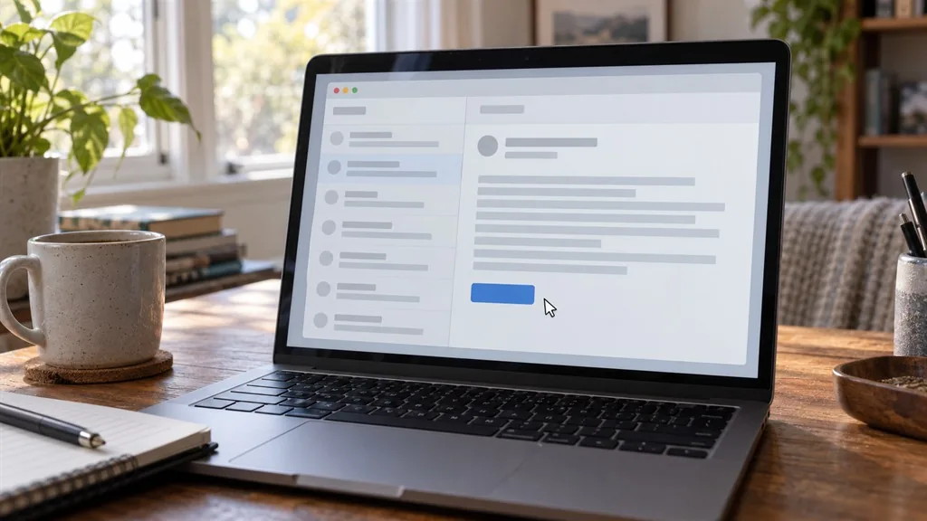 An open laptop shows an email message, with the pointer resting on a blue button.